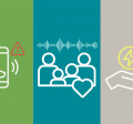 Graphic shows three icons which are a phone, a family, and a hand with an electric signal above it