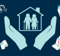 Graphic shows seniors inside a home with materials surrounding them such as medicine, prescriptions, water, and a hearing aid