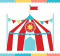 Red, white stripped carnival tent with blue, pink and yellow flags and banners