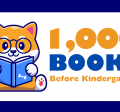 1000 Books Before Kindergarten logo with cartoon shiba inu dog with glasses reading a book