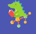 Generic green dinosaur with triangular plates sits atop a molecule while reading, blue background