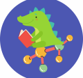 Generic green dinosaur with triangular plates sits atop a molecule while reading, blue background