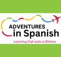 Text "Adventures in Spanish : Learning that lasts a lifetime" under a red plane with a rainbow path trail