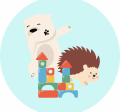 Young polar bear and hedgehog are behind a multicolored block tower. Polar bear is dabbing. Background is light blue