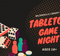 graphic of cards, chess board, dominoes, dice, and meeples with text Tabletop Game Night