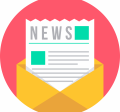 newsletter emerging from an yellow envelope on red background