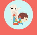 Young polar bear and hedgehog are behind a multicolored block tower. Polar bear is dabbing.