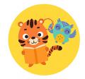 cartoon tiger reads a book to an owl with a tambourine