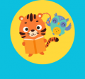 cartoon tiger reads a book to an owl with a tambourine