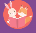 bunny & fox reading a book together on a circular purple background