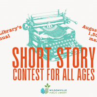 2025 Short Story Contest logo with turquoise typewriter and orange text