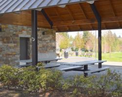 picnic tables in splash shelters