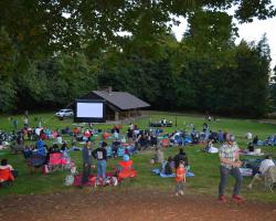crowd gathered around movie screen