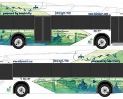 Left and right panels of student artwork on bus