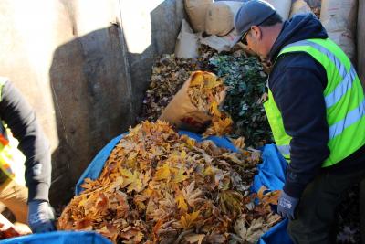 PW staff loading leaves into dumpster