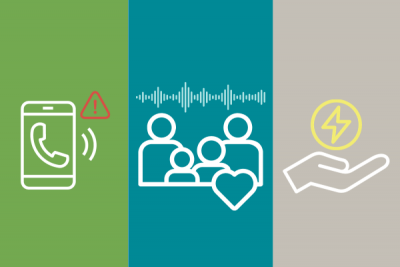 Graphic shows three icons which are a phone, a family, and a hand with an electric signal above it