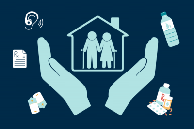 Graphic shows seniors inside a home with materials surrounding them such as medicine, prescriptions, water, and a hearing aid