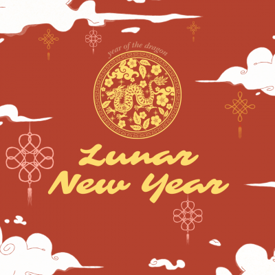 Graphic shows texts that reads Year of the Dragon and Lunar New Year below it