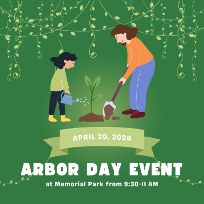 Image shows Arbor Day Event poster with two people planting a tree