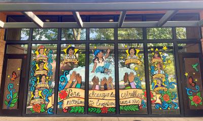 Hispanic Heritage Mural on the windows of the Parks administration building