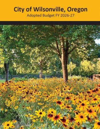 Adopted budget cover with a field of sunflowers under a tree