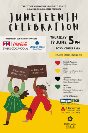 Poster promoting Juneteenth Celebration (June 19, 5- 7:30pm ,at Town Center Park)and its sponsors Poster promoting Juneteenth Celebration (June 19, 5- 7:30pm ,at Town Center Park)and its sponsors