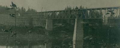 Oregon Electric Railway trestle bridge from shoreline. [1909]