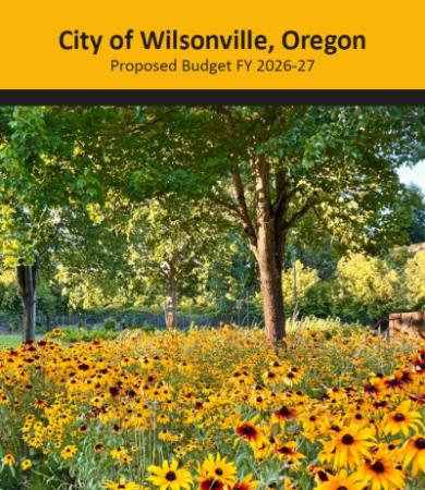 Proposed budget cover with a field of sunflowers under a tree