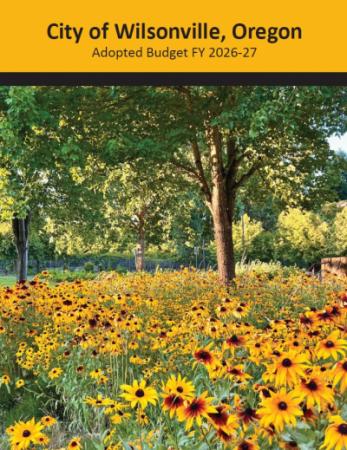 Adopted budget cover with a field of sunflowers under a tree