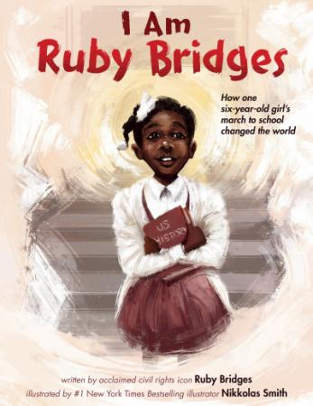 Illustration of Ruby Bridges, a little black girl with a white bow in her hair standing with a book on the steps of her school