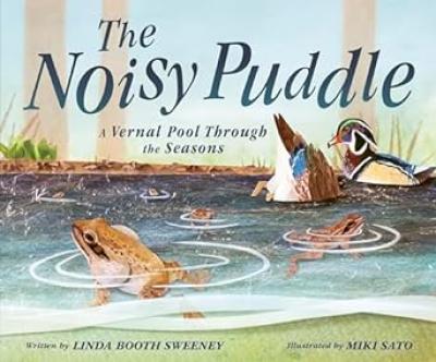 Book cover with title, and a mixed media image of wood ducks, and frogs and a pool of water.
