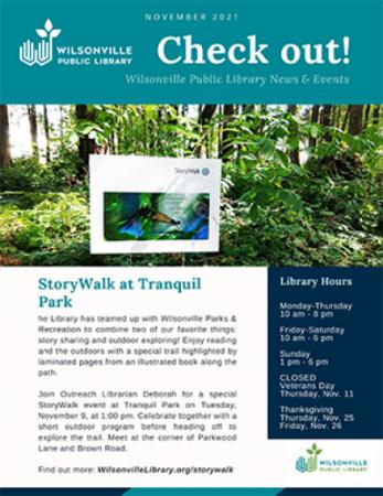 Wilsonville Public Library November 2021 newsletter cover