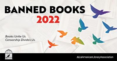 Banned Books Week 2022 theme logo with flying birds in rainbow colors
