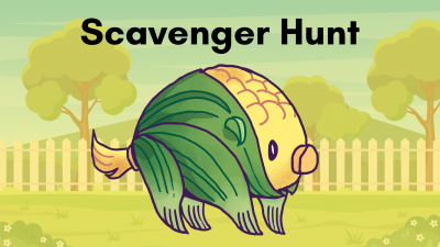 Scavenger Hunt text with cornpig and farm background