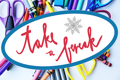 craft supplies with scissors and markers and crayons with text "Take a Break"