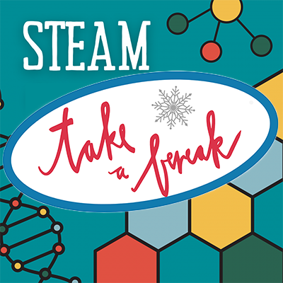 DNA helix and hexagons with text "STEAM Take a Break"