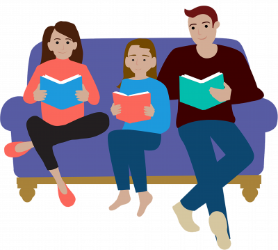 man, woman, and child reading while sitting on a couch