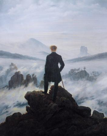 painting of 19th century man standing on mountaintop facing clouds and mountains in the distance