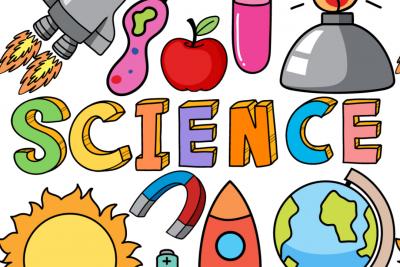 science text with drawings of rocket, apples, sun, globe