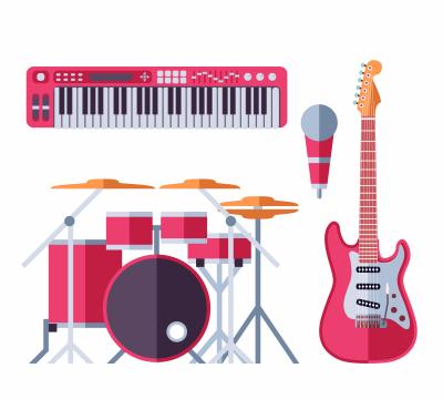 illustration of keyboard, drum set, microphone, and electric guitar
