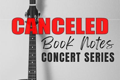 black and white photo of guitar with red text CANCELED