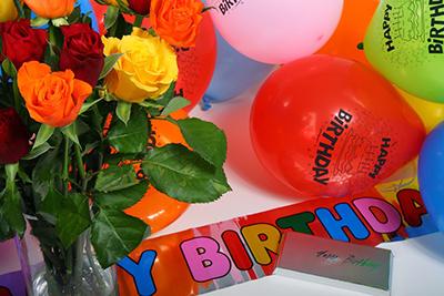 birthday balloons and flowers
