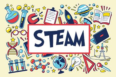 drawings of science and arts tools with the text STEAM overlaid
