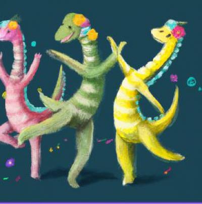 three dinosaurs dancing