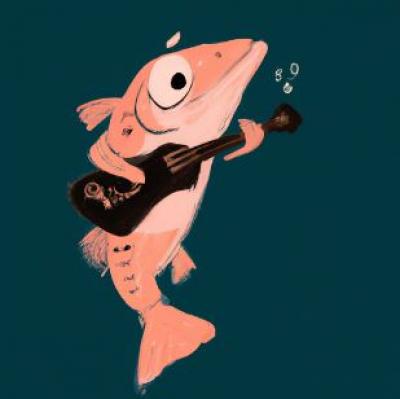 cartoon salmon with ukulele