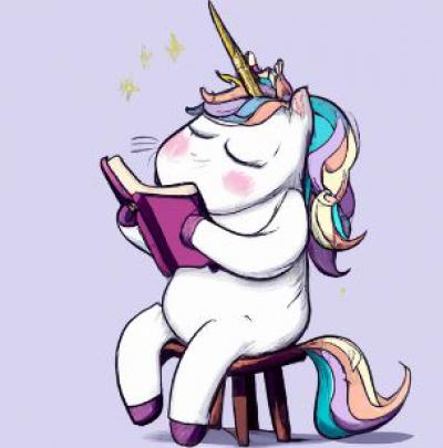 a unicorn on a stool reading a book