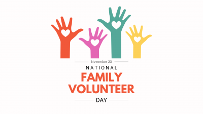 pastel colored hands with hearts inside the palms with the text National Family Volunteer Day November 23