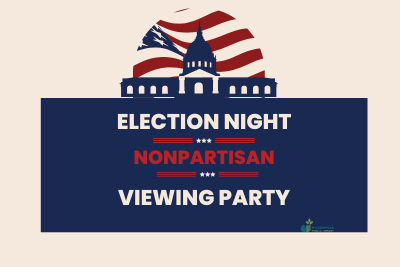 red and blue graphic of the White House with text Election Night Viewing Party