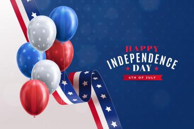 red white and blue balloons with text Happy Independence Day 4th of July