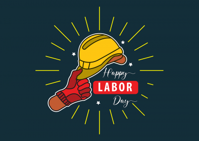 drawing of construction hat and glove with text Happy Labor Day